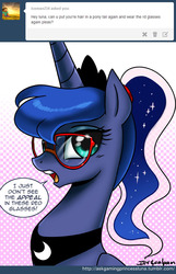 Size: 650x1011 | Tagged: safe, artist:johnjoseco, princess luna, alicorn, pony, ask gaming princess luna, g4, adorkable, alternate hairstyle, comic, cute, dork, female, glasses, high ponytail, mare, open mouth, ponytail, solo, tumblr