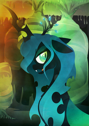 Size: 1358x1920 | Tagged: safe, artist:rariedash, queen chrysalis, changeling, changeling queen, g4, crown, fangs, female, floppy ears, horn, jewelry, lineless, looking at you, open mouth, profile, regalia, smiling, solo, wallpaper