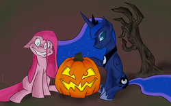 Size: 1920x1200 | Tagged: safe, artist:ponchuzn, pinkie pie, princess luna, g4, floppy ears, grin, halloween, jack-o-lantern, looking at you, sitting, smiling