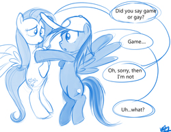 Size: 825x638 | Tagged: safe, artist:bunnimation, fluttershy, rainbow dash, g4, cap, female, hat, lesbian, monochrome, scene interpretation, ship:flutterdash, shipping, sketch