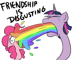 Size: 630x517 | Tagged: safe, artist:shoutingisfun, pinkie pie, twilight sparkle, g4, bust, crying, eyes closed, puking rainbows, vomit