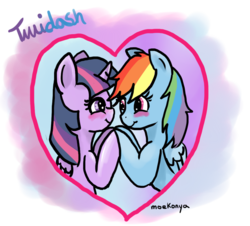 Size: 1024x927 | Tagged: safe, rainbow dash, twilight sparkle, alicorn, pony, g4, blushing, female, heart, holding hooves, lesbian, mare, ship:twidash, shipping, smiling, twilight sparkle (alicorn)