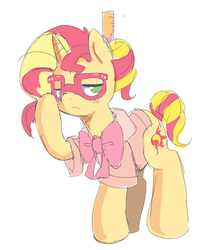 Size: 850x949 | Tagged: safe, artist:ende26, sunset shimmer, pony, unicorn, g4, adorkable, alternate hairstyle, clothes, cute, dork, female, glasses, looking at you, ruler, solo, sunspecs shimmer