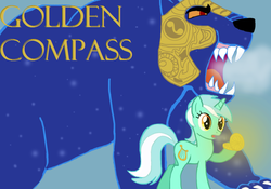 Size: 1014x710 | Tagged: safe, artist:graycat101, lyra heartstrings, bear, pony, unicorn, ursa, ursa minor, g4, compass, duo, female, helmet, his dark materials saga, lyra belacqua, mare, namesake, panserbjørne, parody, the golden compass