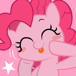 Size: 413x413 | Tagged: safe, artist:momo, pinkie pie, g4, :p, blush sticker, blushing, cute, diapinkes, eyes closed, female, icon, pink background, simple background, solo, stars, tongue out