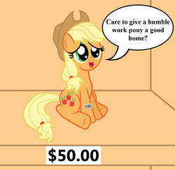 Size: 1177x1148 | Tagged: safe, artist:vincentthecrow, part of a set, applejack, g4, barcode, bronybait, female, for sale, ponies for sale, price tag, shut up and take my money, sitting, solo, speech bubble