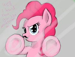 Size: 1600x1200 | Tagged: safe, artist:missredmoon1, pinkie pie, g4, against wall, female, moustache, solo, underhoof