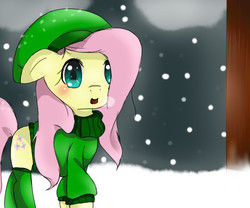 Size: 600x500 | Tagged: safe, artist:twilightshy99, fluttershy, g4, blushing, clothes, female, snow, snowfall, solo, winter