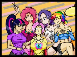 Size: 3140x2340 | Tagged: safe, artist:dreaminfrost, applejack, fluttershy, pinkie pie, rainbow dash, rarity, twilight sparkle, human, g4, alternate hairstyle, blue eyes, breasts, busty fluttershy, busty pinkie pie, busty rainbow dash, busty rarity, busty twilight sparkle, clothes, concerned, ear piercing, earring, eyes closed, female, gym shorts, haircut, happy, human coloration, humanized, jewelry, light skin, makeover, mane six, midriff, multicolored hair, necklace, panties, piercing, pink eyes, pink hair, ponytail, purple eyes, purple hair, rainbow hair, shirt, short hair, shorts, side slit, slumber party, smiling, t-shirt, teary eyes, tongue out, underwear