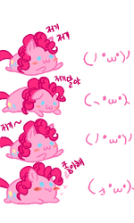 Size: 225x375 | Tagged: safe, artist:lessue, pinkie pie, g4, :3, blob, blush sticker, blushing, chibi, cute, diapinkes, dot eyes, emoticon, female, heart, korean, pixiv, prone, solo