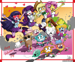 Size: 1089x897 | Tagged: safe, artist:the-butch-x, applejack, fluttershy, rarity, twilight sparkle, bear, cat, fairy, fish, ghost, human, humanoid, rabbit, undead, anthro, equestria girls, g4, alan keane, anais watterson, animal, animate object, balloon, brother and sister, brothers, carrie krueger, crossover, darwin watterson, drool, female, gumball watterson, heart eyes, human female, male, paper, paper bear, penny fitzgerald, rachel wilson, rainbow lad, rainbow lass, siblings, teri the paper bear, the amazing world of gumball, tobias wilson, wingding eyes