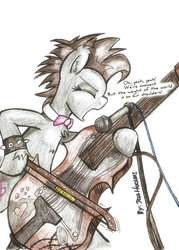 Size: 800x1119 | Tagged: safe, artist:jcosneverexisted, octavia melody, earth pony, pony, g4, alternate hairstyle, bow (instrument), cello, cello bow, chest fluff, ear fluff, eyes closed, female, mare, microphone, musical instrument, open mouth, punk, rocktavia, simple background, singing, solo, unshorn fetlocks, white background