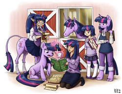 Size: 1520x1180 | Tagged: safe, artist:king-kakapo, edit, twilight sparkle, centaur, classical unicorn, horse, human, pony, satyr, unicorn, anthro, unguligrade anthro, g4, adventure in the comments, anthro ponidox, anthro with ponies, barn, book, clothes, cloven hooves, curved horn, door, elf ears, fluffy, frown, glasses, horn, human anthrodox, human ponidox, humanized, kneeling, leg warmers, leonine tail, lidded eyes, light skin, magic, mary janes, multeity, multiverse, notepad, open mouth, raised eyebrow, raised hoof, satyrized, scroll, self ponidox, sitting, skirt, smiling, socks, sparkle sparkle sparkle, square crossover, standing, telekinesis, unicorn centaur, unicorn twilight, unshorn fetlocks, writing, zettai ryouiki