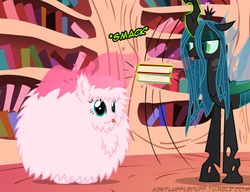 Size: 650x500 | Tagged: safe, artist:mixermike622, queen chrysalis, oc, oc:fluffle puff, g4, book, female, magic