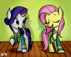 Size: 600x482 | Tagged: safe, artist:kimgoma, fluttershy, rarity, filli vanilli, g4, clothes, eyes closed, ponytones outfit, singing