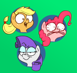 Size: 900x849 | Tagged: safe, artist:peanutbutter, applejack, pinkie pie, rarity, g4, ed edd n eddy, facial expressions, freckles, grin, sweat, worried