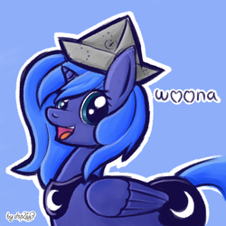 Size: 1024x1024 | Tagged: safe, artist:dsp2003, princess luna, g4, cartographer's cap, cute, female, filly, happy, hat, looking at you, lunabetes, open mouth, paper hat, s1 luna, smiling, solo, woona