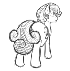 Size: 2329x2361 | Tagged: safe, artist:vulapa, sweetie belle, pony, unicorn, g4, butt, eyes closed, male, missing horn, monochrome, plot, rule 63, silver bell, simple background, sketch, smiling, solo, stallion, white background