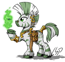 Size: 871x832 | Tagged: safe, artist:sonicpegasus, oc, oc only, oc:begoas, zebra, bag, bracelet, earring, jewelry, male, necklace, nose ring, piercing, shaman, solo, sword, tail wrap, unshorn fetlocks, weapon