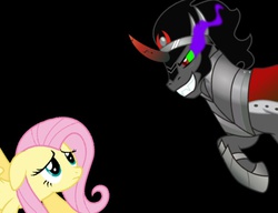 Size: 651x500 | Tagged: safe, fluttershy, king sombra, g4, evil smile, scared, staring contest