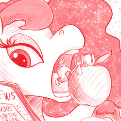 Size: 600x602 | Tagged: safe, artist:php187, applejack, princess luna, pony, g4, apple, eating, female, imminent vore, macro, micro, monochrome, newspaper, open mouth