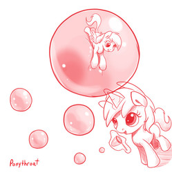 Size: 600x602 | Tagged: safe, artist:php187, derpy hooves, dinky hooves, pegasus, pony, g4, bubble, bubble wand, female, floating, macro, mare, micro, monochrome
