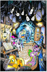 Size: 800x1219 | Tagged: safe, artist:andypriceart, idw, applejack, fluttershy, pinkie pie, princess luna, rainbow dash, rarity, spike, twilight sparkle, g4, spoiler:comic, spoiler:comic17, book, bottle, cover, cutie mark, library, mane six, mirror, open mouth, scared, star swirl's library, tongue out