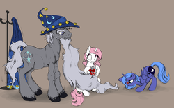 Size: 4000x2500 | Tagged: safe, artist:silfoe, princess celestia, princess luna, star swirl the bearded, alicorn, pony, unicorn, g4, :p, behaving like a cat, bow, brown background, cewestia, cute, cutelestia, face down ass up, female, filly, foal, frown, glare, grumpy, hat, lunabetes, male, pink-mane celestia, ribbon, royal sisters, s1 luna, silfoe is trying to murder us, simple background, sisters, smiling, stallion, standing, star swirl is not amused, sweet dreams fuel, tongue out, trio, unamused, wide eyes, wizard hat, woona, younger