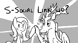 Size: 800x450 | Tagged: safe, artist:silent ponytagonist, discord, fluttershy, draconequus, pegasus, pony, g4, animated, black and white, element of kindness, eyebrow wiggle, eyebrows, female, grayscale, high five, male, monochrome, nervous sweat, parody, persona, social link