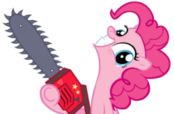 Size: 1024x670 | Tagged: safe, artist:makintosh91, artist:misterdavey, pinkie pie, earth pony, pony, cupcakes hd, fanfic:cupcakes, g4, bipedal, chainsaw, crazy grin, crazy smile, female, gritted teeth, heart, insanity, looking at you, mare, simple background, smiling, smiling at you, solo, stars, sticker, teeth, transparent background, vector, we're all doomed, you're fucked