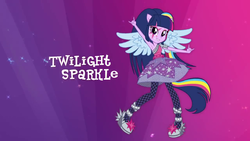 Size: 1280x720 | Tagged: safe, twilight sparkle, equestria girls, g4, my little pony equestria girls: rainbow rocks, armpits, box art, clothes, commercial, devil horn (gesture), female, high heels, magic of friendship (rainbow rocks), rainbow, rainbow rocks outfit, skirt, solo, stockings