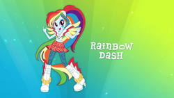 Size: 1280x720 | Tagged: safe, rainbow dash, equestria girls, g4, my little pony equestria girls: rainbow rocks, box art, clothes, commercial, devil horn (gesture), female, high heel boots, jeans, magic of friendship (rainbow rocks), rainbow, skirt, solo