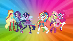 Size: 1280x720 | Tagged: safe, applejack, fluttershy, pinkie pie, rainbow dash, rarity, twilight sparkle, alicorn, equestria girls, g4, my little pony equestria girls: rainbow rocks, boots, box art, clothes, commercial, devil horn (gesture), high heel boots, high heels, jeans, magic of friendship (rainbow rocks), mane six, ponied up, rainbow, skirt, twilight sparkle (alicorn)