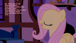 Size: 1280x720 | Tagged: safe, fluttershy, g4, desolation of smaug, female, i see fire, lullaby, pink text, solo, the hobbit