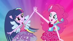 Size: 1280x720 | Tagged: safe, pinkie pie, twilight sparkle, equestria girls, g4, my little pony equestria girls: rainbow rocks, clothes, duo, high five, rainbow, skirt