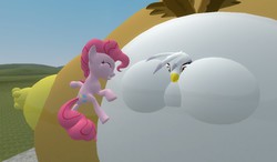 Size: 1024x600 | Tagged: safe, artist:mindkiller, gilda, pinkie pie, earth pony, griffon, pony, g4, 3d, air inflation, belly, big belly, bingo wings, bloated, double chin, gildalloon, gmod, hug, huge belly, impossibly large belly, inflated hands, inflation, neck roll, puffy cheeks, spherical inflation