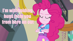 Size: 1280x720 | Tagged: safe, pinkie pie, equestria girls, g4, female, image macro, meme, no snuggles, pink text, solo