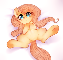 Size: 2435x2332 | Tagged: safe, artist:crocelif, fluttershy, g4, belly, blushing, cute, featureless crotch, female, fluffy, looking at you, on back, shyabetes, smiling, solo, spread legs, underhoof