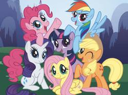 Size: 813x606 | Tagged: safe, applejack, fluttershy, pinkie pie, rainbow dash, rarity, twilight sparkle, earth pony, pegasus, pony, unicorn, g4, official, female, mane six, mane six opening poses, mare, one eye closed, open mouth, prone, raised hoof, spread wings, stock vector, wings, wink