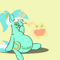 Size: 3400x3400 | Tagged: safe, artist:zeldafan777, lyra heartstrings, pony, unicorn, ask fatbelliedlyra, g4, alternate hairstyle, ask, belly, chubby, eating, fat, female, food, green face, hungry, lard-ra heartstrings, mare, nausea, nauseous, ponytail, puffy cheeks, solo, stomach noise, tumblr