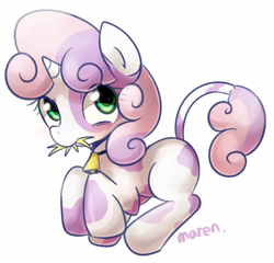 Size: 1000x961 | Tagged: safe, artist:maren, sweetie belle, cow, g4, bell, bell collar, collar, cowbelle, cowified, eating, female, hay, herbivore, milka, mouth hold, smiling, solo, species swap