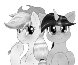 Size: 800x667 | Tagged: safe, artist:goto-beido, applejack, twilight sparkle, g4, monochrome