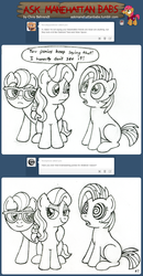 Size: 1024x1964 | Tagged: safe, artist:wildtiel, babs seed, oc, ask manehattan babs, g4, ask, glasses, hypnosis, hypnotized, monochrome, tumblr