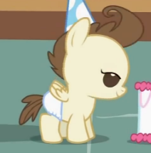 Size: 212x215 | Tagged: safe, screencap, pound cake, pony, baby cakes, g4, baby, baby pony, cake, colt, cute, diaper, diapered, diapered colt, food, hat, looking down, male, one month old colt, party hat, solo, white diaper