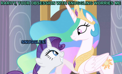 Size: 1097x662 | Tagged: safe, edit, edited screencap, screencap, princess celestia, rarity, g4, sweet and elite, blue text, image macro, imma snuggle you, meme