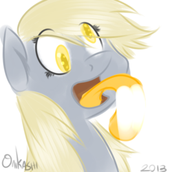 Size: 480x480 | Tagged: safe, artist:onikashi, derpy hooves, pegasus, pony, g4, female, licking, licking the fourth wall, long tongue, mare, solo