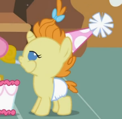 Size: 268x261 | Tagged: safe, screencap, pumpkin cake, pony, baby cakes, g4, baby, baby pony, cake, cropped, cute, diaper, diapered, diapered filly, female, filly, food, hat, lidded eyes, noisemaker, party hat, party horn, puffy cheeks, solo, white diaper