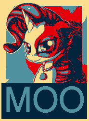 Size: 520x702 | Tagged: safe, artist:neko-me, edit, rarity, cow, g4, bell, cowbell, cute, female, gif, hope poster, lidded eyes, looking at you, moo, non-animated gif, raricow, smiling, solo, species swap