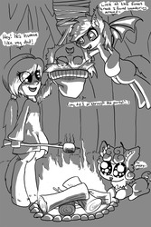 Size: 1200x1800 | Tagged: safe, artist:flowertartanon, normal norman, oc, oc:flower tart, bat pony, mothpony, original species, satyr, g4, background human, fire, food, marshmallow, monochrome, moth pony general, stick, this will end in tears, tied up