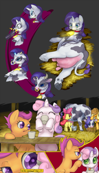 Size: 1800x3131 | Tagged: safe, artist:yutoraru, apple bloom, applejack, rarity, scootaloo, sweetie belle, cow, earth pony, pegasus, pony, unicorn, g4, bow, butt, comic, cowbell, cowbelle, cowified, crying, cutie mark crusaders, ear tag, fat, feral, lactation, mental shift, milk squirt, milking, nose ring, on side, piercing, plot, raricow, species swap, transformation, udder